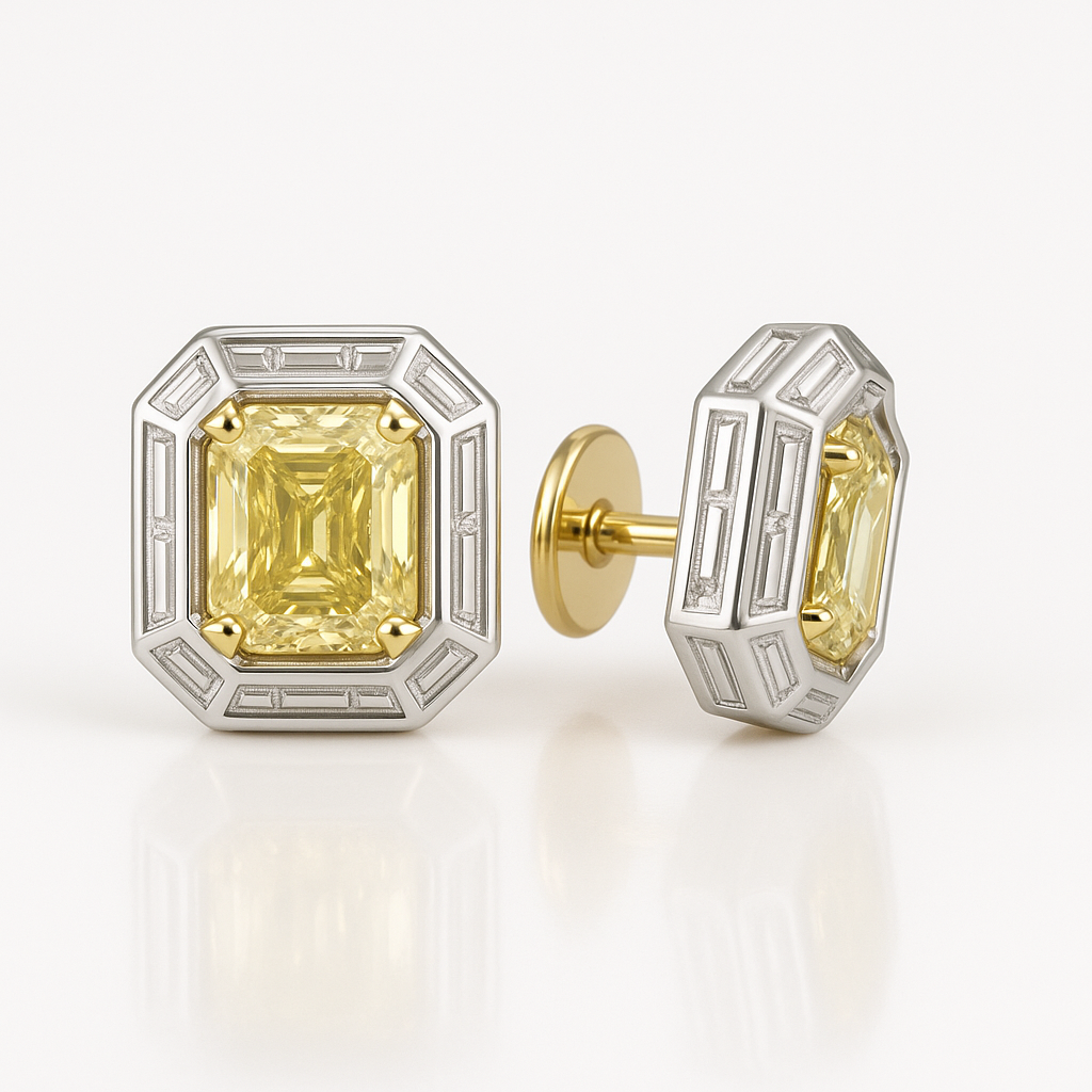 Yellow Diamond Halo Stud Earrings in 18K White and Yellow Gold