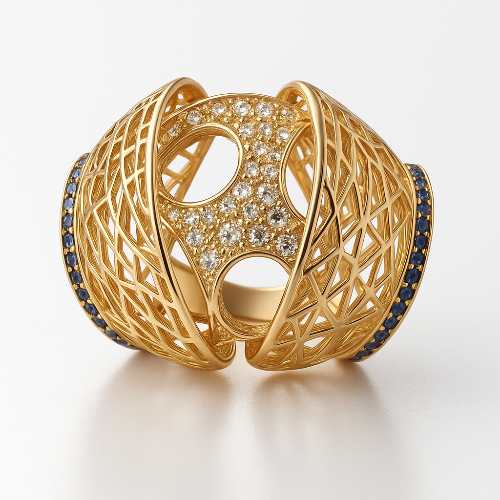 Artistic Diamond and Sapphire Lattice Ring in 18K Yellow Gold