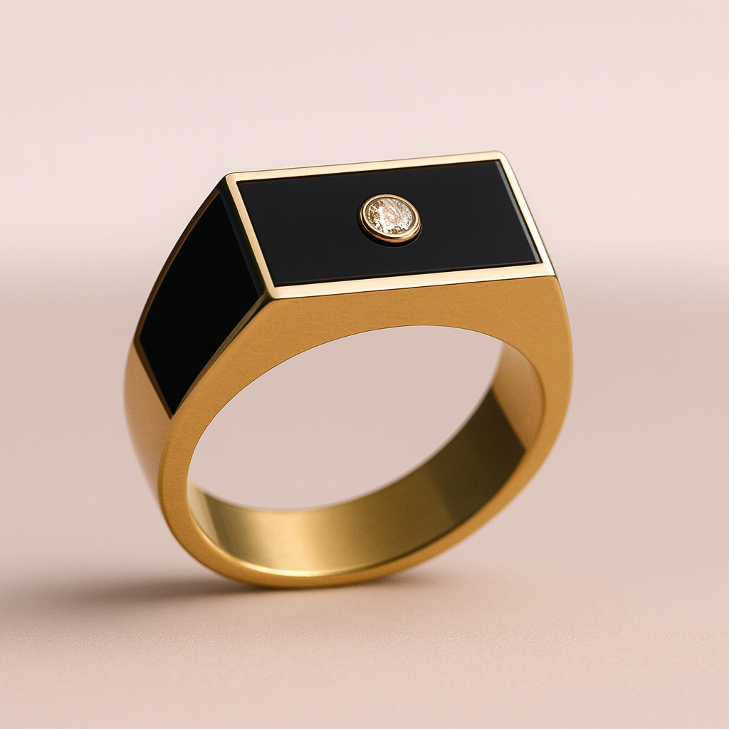 Black Onyx and Diamond Signet Ring in 18K Yellow Gold