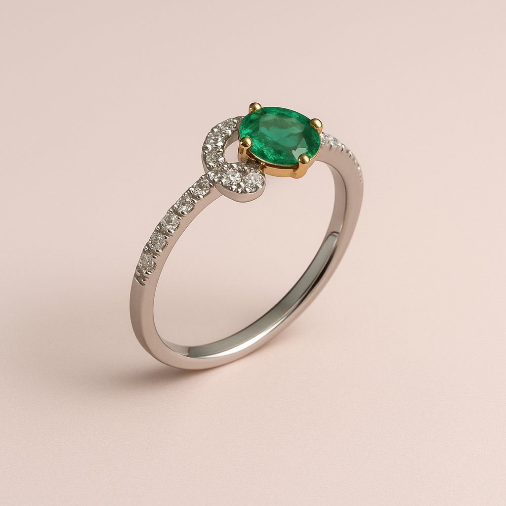 Emerald and Diamond Twist Ring in 18K White and Yellow Gold